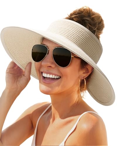 FURTALK Sun Hats for Women Wide Brim Beach Hat Straw Visor Ponytail Summer UV Packable Foldable Beach Vacation Essentials - color: Beige