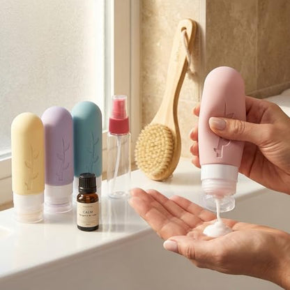 DEPOZA Travel Bottles Kit (16 Pack) - TSA Approved, Leak Proof Silicone Squeezable Containers for Toiletries. Complete Set with Jars, Sprayers & Bag (Light Purple) - color: Light Purple