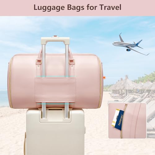 Garment Bags for Travel, Convertible Suit Travel Bag for Women, Fashion & Cute Carry On Garment Bag w/Shoes Pouch, 2 in 1 Foldable PU Leather Hanging Duffle Bag, Single-Zipper Design, Pink - color: Light Pink
