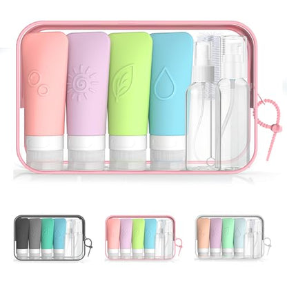 16-Piece Silicone Travel Bottles Set – TSA Approved Leakproof Toiletry Kit with Flat Easy-Squeeze Bottles, Pump & Spray, Waterproof Bag - color: 16B-Pink, size: 16