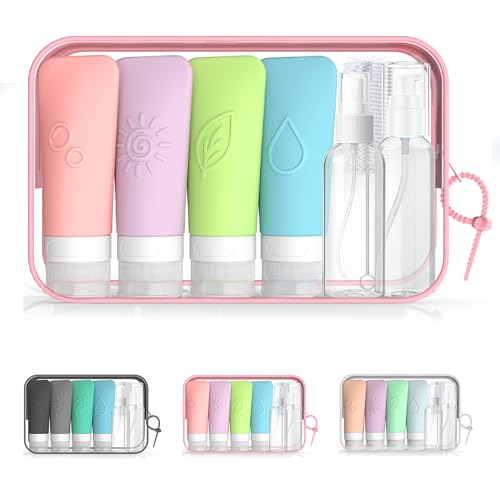 16-Piece Silicone Travel Bottles Set – TSA Approved Leakproof Toiletry Kit with Flat Easy-Squeeze Bottles, Pump & Spray, Waterproof Bag - color: 16B-Pink, size: 16