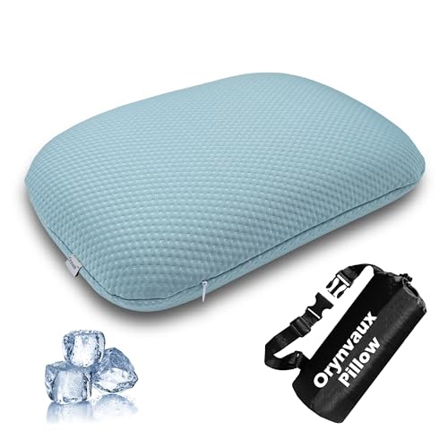 Cooling Camping Pillow, Memory Foam Travel Pillow with Adjustable Buckle Strap & Storage Bag, Compact Small Pillow for Airplane, Car Lumbar, Office, Washable Cooling Cover, Glacier Blue - color: Glacier Blue, size: S-14.9*10.2*3.6in