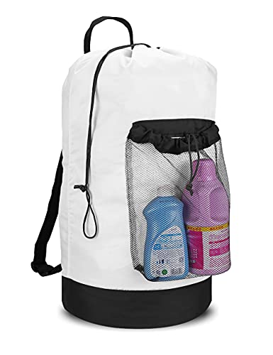 Dalykate Backpack Laundry Bag, Laundry Backpack with Shoulder Straps and Mesh Pocket Durable Nylon Clothes Hamper Bag with Drawstring Closure for College, Travel, Laundromat, Apartment - color: White