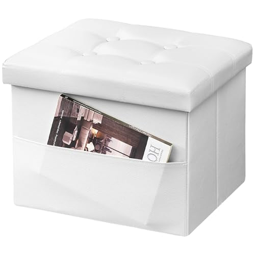 AmasSmile Storage Ottoman Folding Foot Rest Stool with Side Pocket, 17 inch Leather Footstool Bench, Short Ottoman Bench, Storage Foot Rest Store, Blanket Chest, White - color: White 1 Pack, size: 17"*13"*13"with side pockets