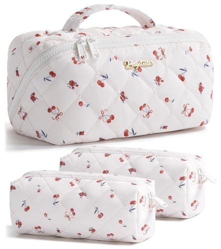 Travel Makeup Bag, 3 Pcs Large Capacity Puffy Toiletry Bag for Women, Open Flat Quilted Make up Cosmetic Organizer w/Handle & Clear Divider Water-resistant Portable Pouch Travel Essentials, M-Cherry - color: Cherry, size: medium