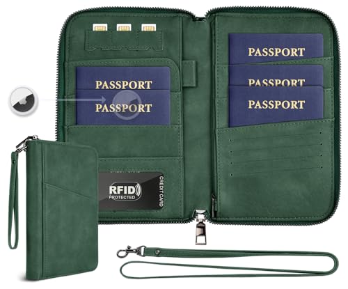 Family Passport Holder Wallet RFID Travel Document Organizer for Women Men, Portable Case Cover for Cards, Boarding Pass with Wrist & Neck Double Strap, Travel Christmas Gifts (Charcoal Green, 1pack) - color: Charcoal Green