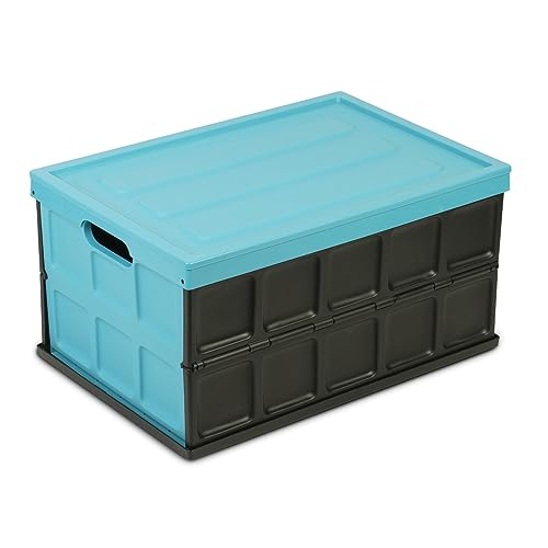 Glad Collapsible Storage Bin with Lid - 48L Foldable Plastic Box for Garage, Car Trunk, and Organization - Stackable Lidded Container with Handles, Turquoise - color: Turquoise