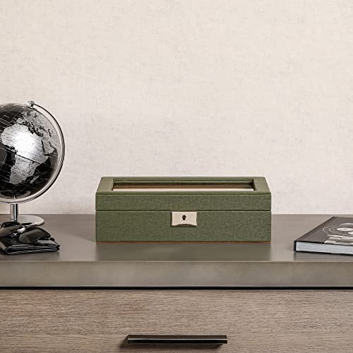 ROTHWELL 10 Slot Leather Watch Box - Luxury Case Display Jewelry Organizer - Locking Watch Display Case Holder with Large Glass Top - Box Organizer for Men and Women (Green/Tan) - color: Green / Tan