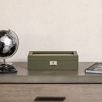 ROTHWELL 10 Slot Leather Watch Box - Luxury Case Display Jewelry Organizer - Locking Watch Display Case Holder with Large Glass Top - Box Organizer for Men and Women (Green/Tan) - color: Green / Tan