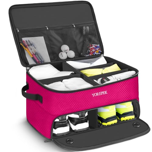 YOREPEK 2 Layer Golf Trunk Organizer, Golf Gifts for Men with Separate Ventilated Compartment for 2 Pair Shoes, Waterproof Car Trunk Locker for Balls, Tees, Clothes, Gloves, Gifts for Golfers - color: Standard-Pink