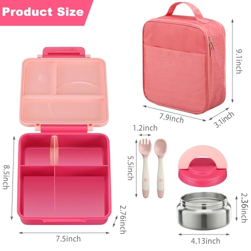 Bento Lunch Box Set for Kids with 8oz Soup Thermo, Leak-Proof Lunch Containers with 4 Compartment, Kids Thermo Hot Food Jar and Insulated Lunch Bag for Kid to School-Pink - color: Pink
