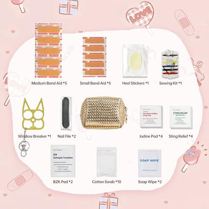 Kitgo Mini First Aid Emergency Clutch Kit -Mother Day Gift Compact Safety Pouch Party Bag with 27 Essential Items for Girl Lady Mother Wife Nurse for Girl Lady Mother Wife Nurse - color: Gold New