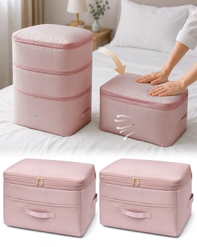Ultra Space Saving Self Compression Organizers, 2 Pack Double Zipper Compression Packing Cubes for Bedding, Comforter Storage Bag for Blankets Duvet Quilts Pillows Queen King (Pink, X-Large) - color: Pink, size: 2 Pack (X-Large)