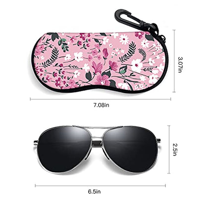Sunglasses Soft Case with Carabiner Ultra Light Neoprene Zipper Glasses Case - color: Pink Flower