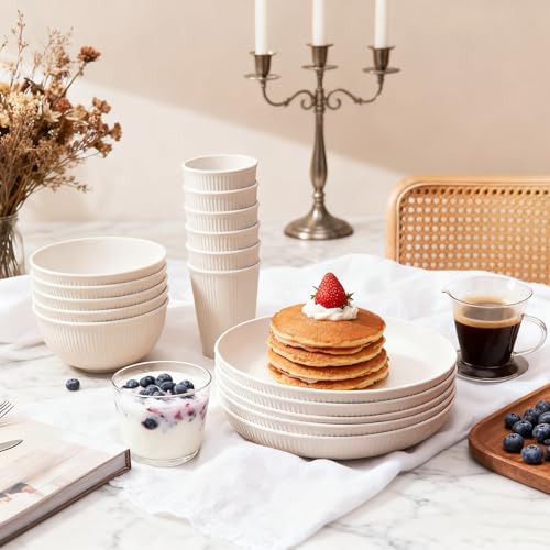 36-Piece Reusable Wheat Straw Dinnerware Sets for 6, Farielyn-X Unbreakable Reusable Set Kitchen Cups, Plates, Bowls Sets & Cultery Dishwasher Microwave Safe - Patio, Outdoors, RV, Camping Dishes