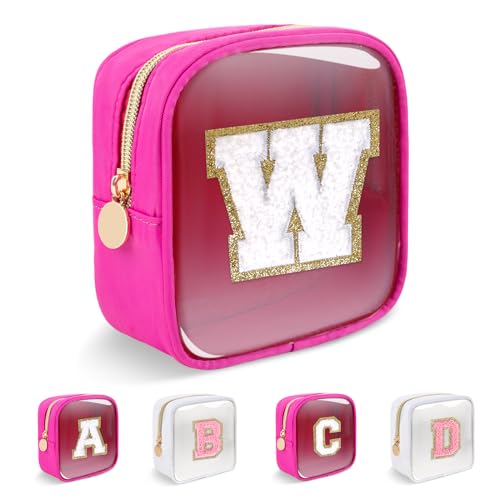 Personalized Initial Letter Clear Preppy Makeup Bag,Mini Nylon Chenille Letter Cosmetic Bag Cute Zipper Pouch Coin Purse for Teen Girls,Portable TSA Approved Travel Essentials Bag Gift for Women,W - color: Mini-Hot Pink, size: W