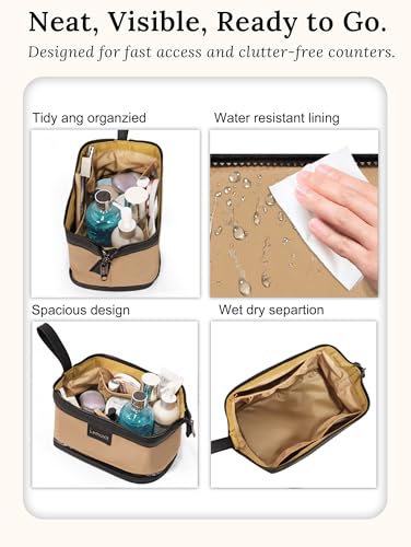 Double-Layer Toiletry Bag, Water-Resistant Hybrid Leather Cosmetic Organizer with Wet/Dry Compartments, 26x15x16cm (Khaki, Double layer) - color: Khaki