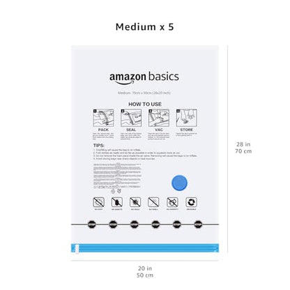 Amazon Basics Vacuum Storage Bags for Clothes, Compression Zipper with Hand Pump, Medium, White, Sky Blue, 5-Pack - size: Medium