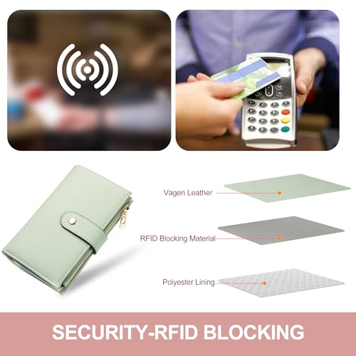 yiijay Wallets for Women RFID Blocking Leather Trifold Clutch Wallet Credit Card Holder Ladies Travel Wallet Purse with Pen Holder - color: 1Green