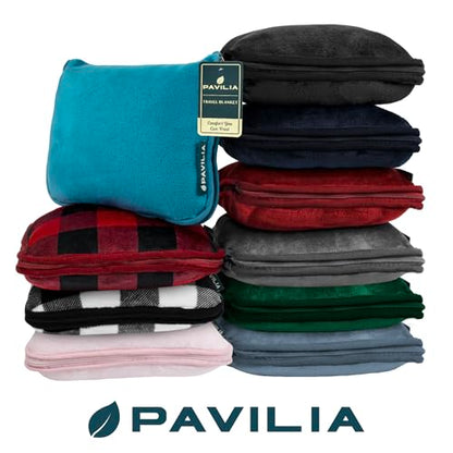 PAVILIA Travel Blanket Pillow, Soft Airplane Blanket 2-in-1 Combo Set, Plane Blanket Compact Packable, Flight Essentials Car Pillow, Travelers Gifts Accessories, Luggage Backpack Strap, 60x43 Red - color: Wine