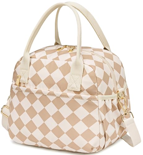 CAMTOP Lunch Box for Women Insulated Lunch Bag Lunchbox Cooler Thermal Leakproof Quilted Reusable Lunch Tote Bag for Work School Travel Picnic (Brown-White Check) - color: Brown-White Check, size: Medium