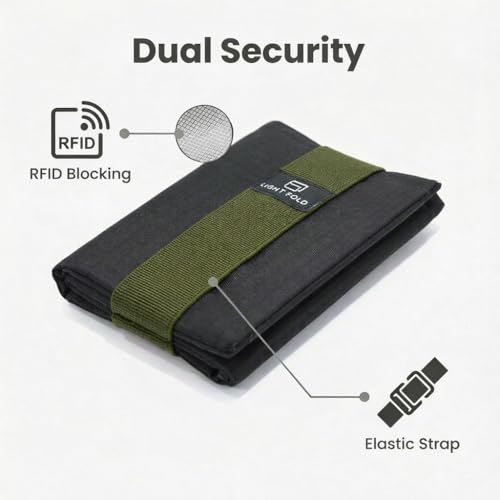 LIGHT FOLD Ultra Slim Tri-Fold Wallet with RFID Blocking, Lightweight Minimalist Men’s Wallet with Elastic Band, Waterproof Durable Nylon Fabric, Slim Front Pocket Card Holder Fits 12 Cards & Cash - color: Army Green