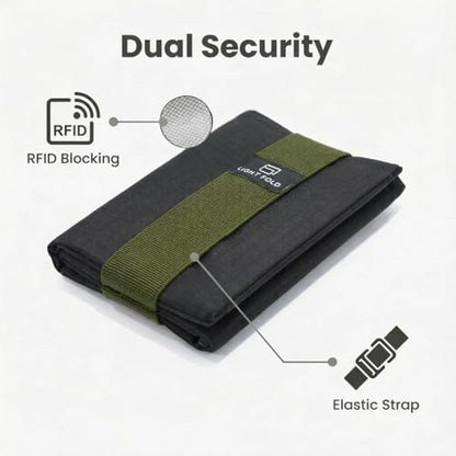 LIGHT FOLD Ultra Slim Tri-Fold Wallet with RFID Blocking, Lightweight Minimalist Men’s Wallet with Elastic Band, Waterproof Durable Nylon Fabric, Slim Front Pocket Card Holder Fits 12 Cards & Cash - color: Army Green