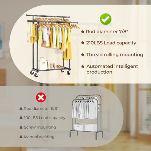 HYSEYY Double Rods Clothes Rack, Rolling Clothing Rack for Hanging Clothes Portable Wardrobe Rack, Metal Garment Rack Sturdy Coat Rack for Bedroom Laundry Living Room, Black - color: Black, style: Modern