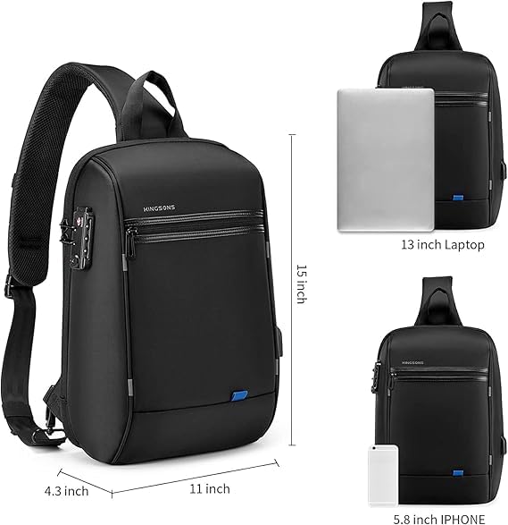 Kingsons Laptop Sling Backpack Anti Theft Bag,Hiking Daypack 13 Inch Waterproof Nylon Travel Bags for Men, Single Shoulder Camping Dayback with USB Charging Port for Traveling - color: Ks3165g