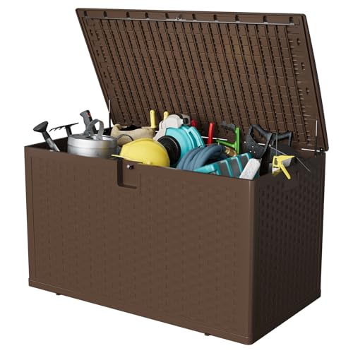 Garvee 120 gallon Waterproof Outdoor Storage Box, Lockable Plastic Deck Box with Lid, Patio Storage Bin for Pool, Garden Tools, Backyard, Porch, All-Weather Protection, Brown - color: Brown, size: 120 Gal