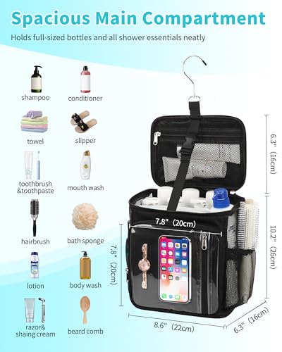 CUBETASTIC Hanging Shower Caddy Portable Bag - Quick Dry Shower Tote for Dorm College Essentials, Water-Resistant Travel Toiletry Bag with Separate Compartment & Multiple Pockets (Black, M)