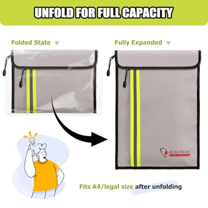 ROLOWAY Fireproof Document Bag (15 x 11 inch) with 2 Pockets, Fire Safe Envelope Bag for Cash, Legal Documents (Silver) - size: 15 x 11 inch, style: Silver Fireproof Bag