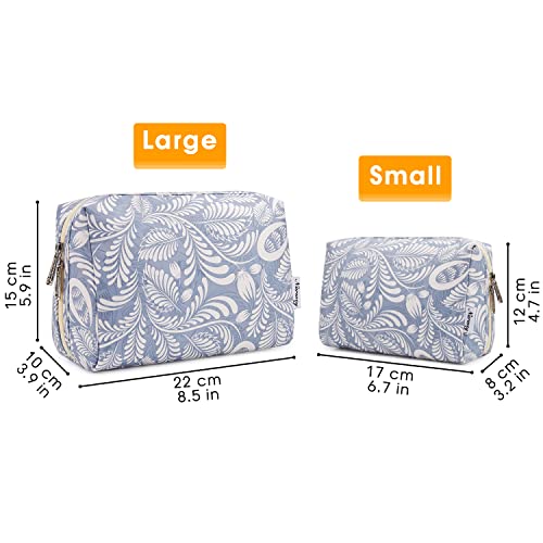 Narwey Cute Makeup Bag Travel Cosmetic Bag Organizer Toiletry Bag Make Up Bags with Compartments for Women Girls (Large, Blue Leaf) - color: Blue Leaf, style: Large