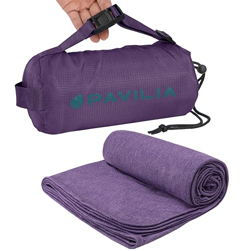 PAVILIA Travel Blanket Airplane Compact with Bag, Lightweight Soft Fleece Plane Blanket Long Flights, Camping Road Trips, Packable Travel Gift Essentials with Luggage Backpack Strap, 65x40, Purple - color: Purple