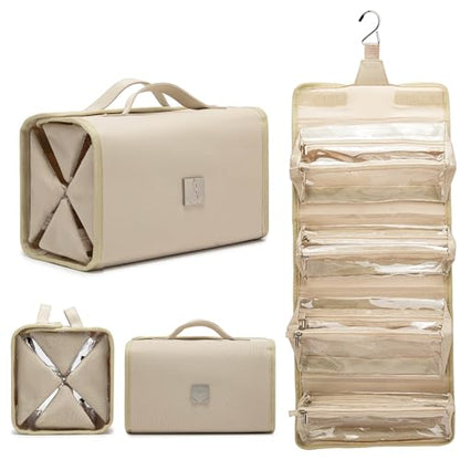 ROYALFAIR Roll Up Makeup Bag, Travel Toiletry Bag for Women with 4 Clear TSA Approved Pouches, Hanging Travel Organizer, Folding Cosmetic Bag for Men and Women - color: khaki