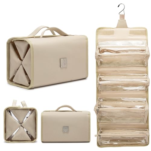 ROYALFAIR Roll Up Makeup Bag, Travel Toiletry Bag for Women with 4 Clear TSA Approved Pouches, Hanging Travel Organizer, Folding Cosmetic Bag for Men and Women - color: khaki