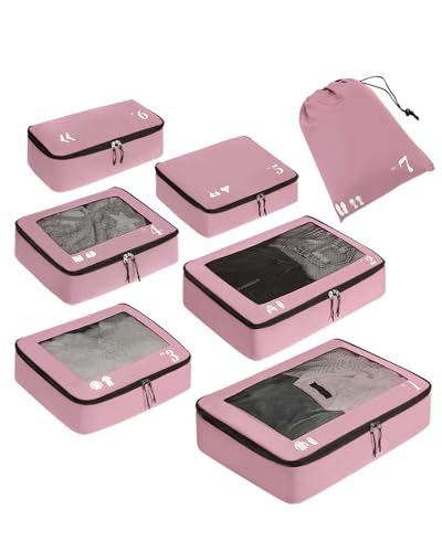 ECOHUB 7 Set Packing Cubes Tear-Resistant Luggage Packing Organizers with Number Icon for Travel Accessories Luggage Suitcase Machine Washable Packing Cubes (Pink) - color: Pink-No Compress, size: 7 Set Packing Cubes