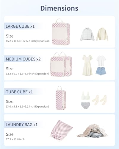 Narwey 6 Set Compression Packing Cubes for Travel Women Men, Travel Cubes for Carry On Suitcase, Durable Compression Luggage Organizer Bags - color: ZZ-Dusty Pink Checkerboard