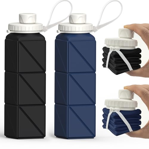 BEAUTAIL Collapsible Water Bottles 20.6oz, Silicone Foldable Portable Travel Water Bottle, Lightweight Reusable Leakproof for Traveling Camping Hiking Cycling Yoga Sports Outdoor - color: Black+Dark Blue