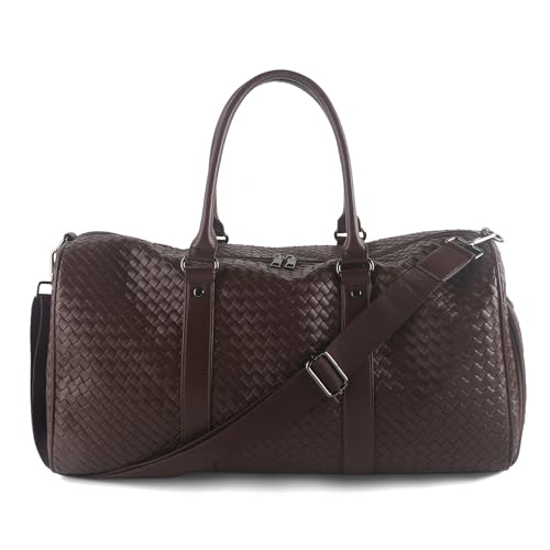 Weekender Bags for Women Woven Leather Travel Duffle Bag with Shoe Compartment, Carry On Garment Bag for Men Women, Large Capacity Water-resistant Gym Tote (Coffee) - color: Coffee