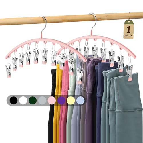 Metal Yoga Pants Hangers 1 Pack w/10 Clips Holds 10 Leggings, Space Saving Hanging Closet Organizer w/Rubber Coated Closet Organizers and Storage, Pink - color: Pink, size: 1 Pack