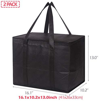 Set of 2 Large Insulated Reusable Grocery Bags with Sturdy Zipper and Handles, Foldable Washable Heavy Duty Cooler Totes for Hot or Cold Food Delivery, Groceries, Travel, Shopping