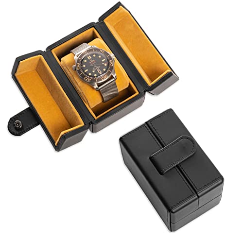 Single Travel Watch Case - Vintage Inspired - Exterior, Soft Microfiber Lining, Fits Up to 42mm Watches - Vegan Leather - Reliable Storage for Home or Travel - color: Black