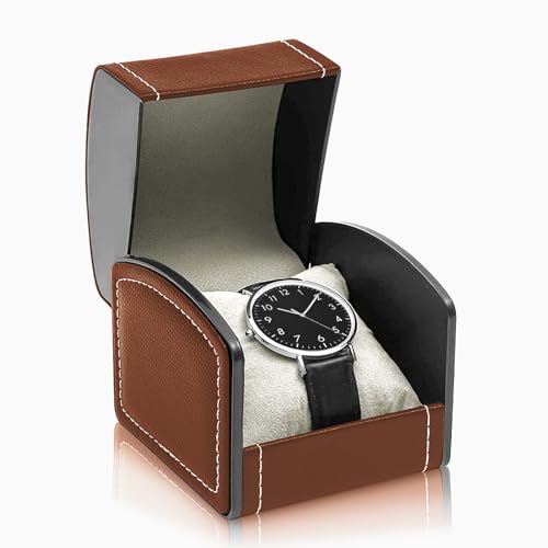 Single Watch Case, PU Leather Watch Travel Case with Removable Cushion, Jewelry Storage Case Organizer Portable Square Watch Box Bracelet Holder for Most Watches (brown) - color: brown