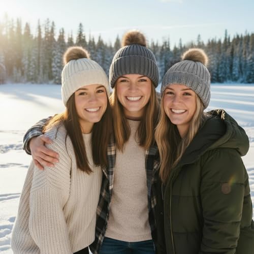 Suhine 12 Pcs Winter Beanie Hat Gift Set for Women, Knit Pom Pom Hats with Hair Claw Clips, Jewelry Organizer Travel Cases and Clear Cosmetic Bags for Winter Travel Christmas