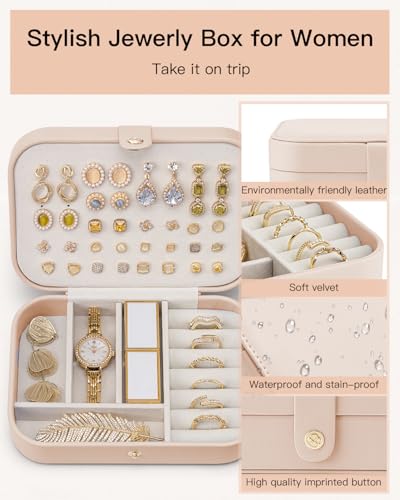 VLANDO Travel Jewelry Case, PU Leather Travel Jewelry Box with Earring Holder, Portable Display Mini Jewelry Case for Mothers Day Women Girls Gift - Nude Pink - color: G.Nude Pink
