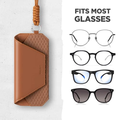 VULKIT Portable Leather Eye Glasses Case for Women & Men, Slim Sunglass Case, Unisex Eyeglass Case - color: Brown With Lanyard