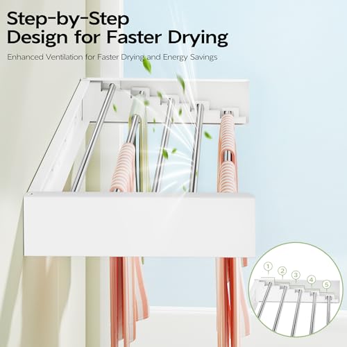 Vikaqi Wall Mounted Clothes Drying Rack 32", Foldable Wall Mount Laundry Rack Folding Indoor, Drying Rack Clothing Collapsible, Hidden Space Saver with Wall Template, 5 Rods, White - color: White, size: 32" Wide