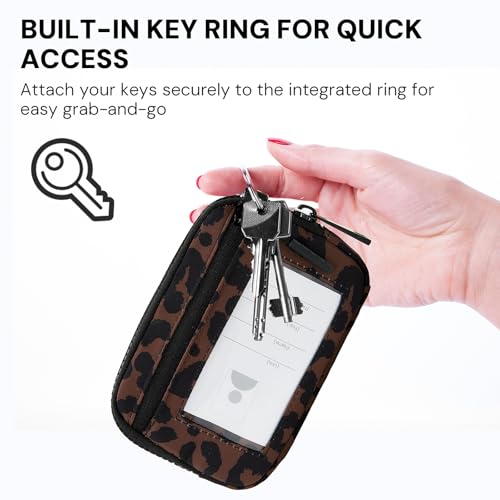 Small Wallet for Women, Mini Zip Card Case with Clear ID Window, Zipper Coin Purse, Lightweight Portable Keychain Card Holder - color: Brown Leopard Print