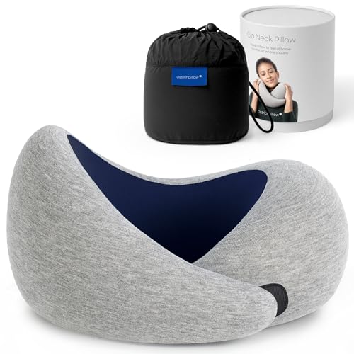 Ostrichpillow Go Neck Pillow, Travel Pillows for Airplanes, Premium Memory Foam Travel Pillow, 360º Ergonomic Design, Asymmetrical Sides, Travel Bag Included, Washable Modal Cover - color: Deep Blue